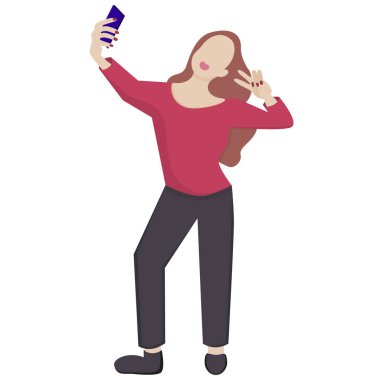 Kızın biri beyaz arka planda izole edilmiş bir akıllı telefondan selfie çekiyor. Çizgi film tarzında vektör illüstrasyonu. Dudakları öpücük şeklinde olsun. Uzun saçlı ve tırnakları boyalı bir kadın..