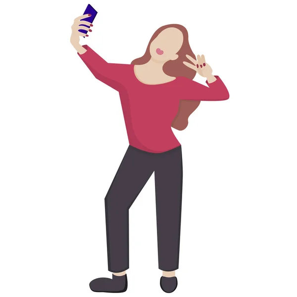 Een Meisje Neemt Een Selfie Een Smartphone Geïsoleerd Een Witte — Stockvector