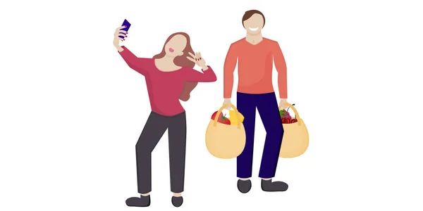 Man Och Kvinna Shoppar Man Med Påsar Fru Tar Selfie — Stock vektor