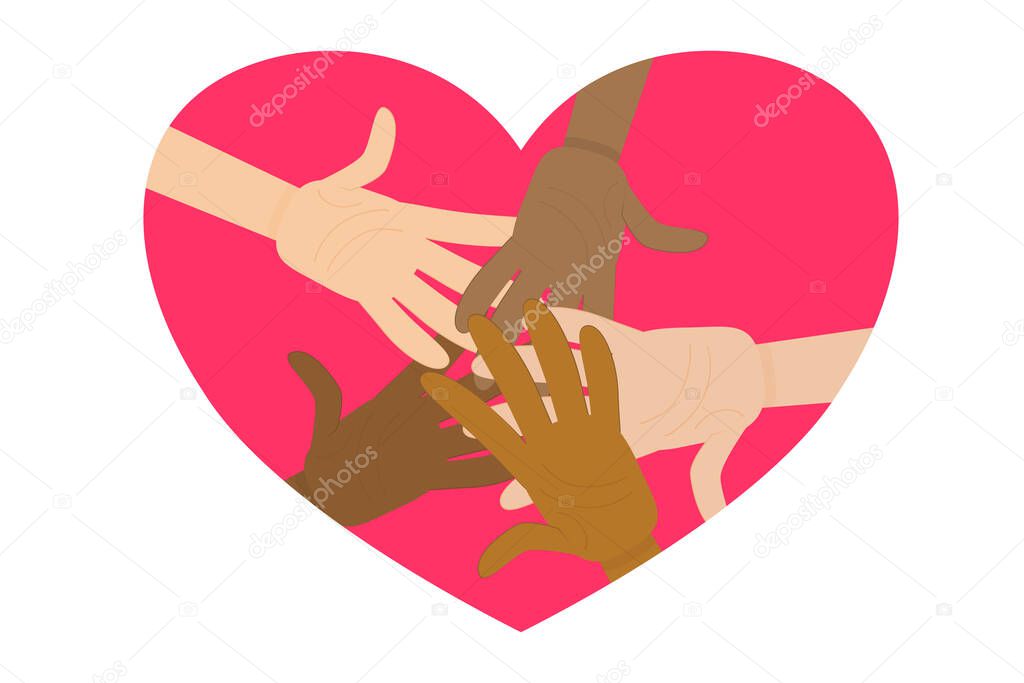 Hands of different nationalities in the heart are isolated on a white background. Vector illustration in flat cartoon style. No to racism. All skin colors in one heart.