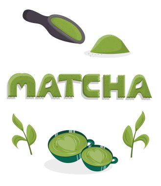 Japon kibrit tozu çayının bir takım elementleri beyaz arka planda izole edilir. Çizgi film tarzında vektör illüstrasyonu. Yazı, sütlü iki fincan çay ve bir kepçe toz..