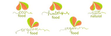 Sağlıklı yiyecekler, uygun beslenme, organik ve vejetaryen gıdalar için bir dizi logo. Taze ve sulu yapraklar ve el yazısıyla yazılmış kelimeler. Düz biçimli, yeşil ve turuncu renklerde vektör illüstrasyonu.