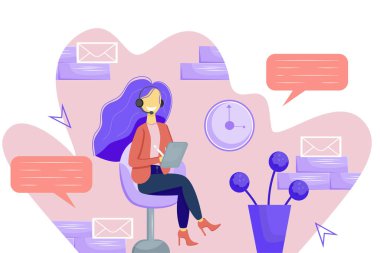 A smiling girl with a tablet and a pen in headphones is sitting on a chair. In the background, a brick wall, a flower, and a clock. Vector illustration in flat style. Remote education or work. clipart
