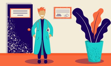 Hastane bekleme odasında steteskopla gülümseyen sabahlıkla konsept doktor. Sınırlı renklerde kavram. Çizgi film tarzında vektör illüstrasyonu. Doktora gidiyorum..