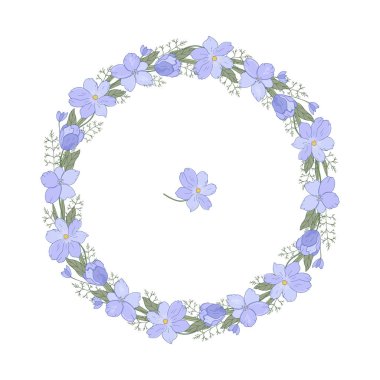 Orman mavi çiçek yuvarlak çelenk - (Anemne sylvstris). Tebrik kartları için şablon
