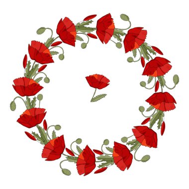 Kırmızı haşhaştan yapılmış yuvarlak çelenk. Metin için alan. Tebrik kartları için şablon