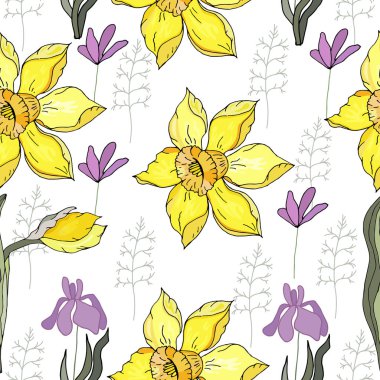 Sarı nergis ve mor çuha çiçeği ile dikişsiz çiçek süsü. Tasarım, kumaş, dekor için sonsuz doku