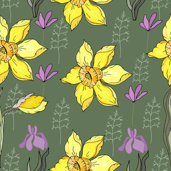 Nahtloser Blumenschmuck Mit Gelben Narzissen Und Lila Primeln Auf Grünem — Stockvektor