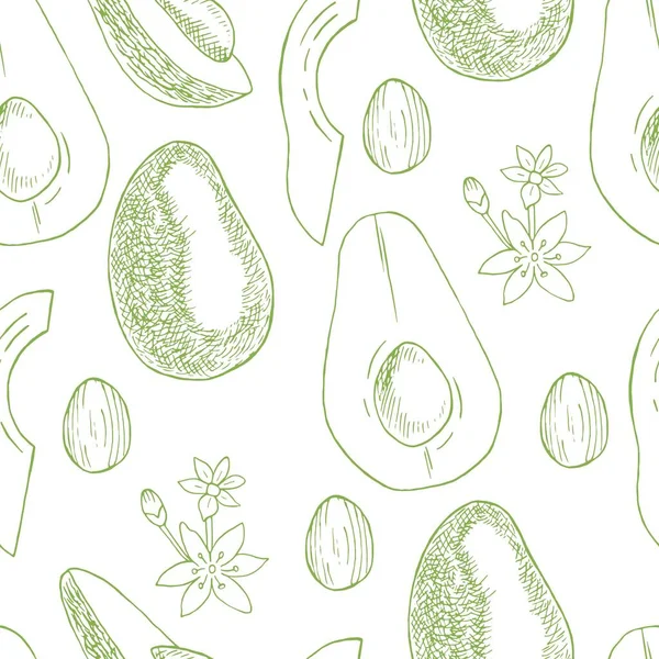 Зеленый Авокадо Бесшовный Рисунок Белом Фоне Коллекция Ручной Работы Цветов — стоковый вектор