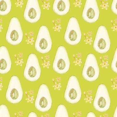 Avokado suluboya. Açık sarı-yeşil arka planda pürüzsüz desen. Suluboya botanik çizimler. Tropik bitki.