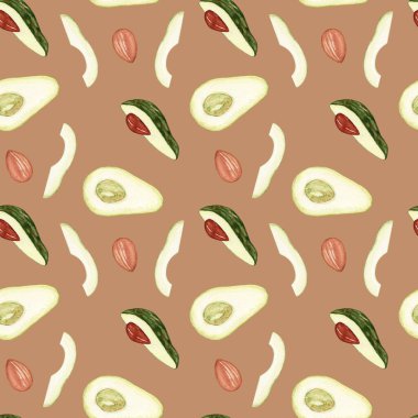 Avokado suluboya. Kahverengi arka planda kusursuz desenler. Botanik çizimleri suluboya. Tropik yeşil meyve bitkisi.