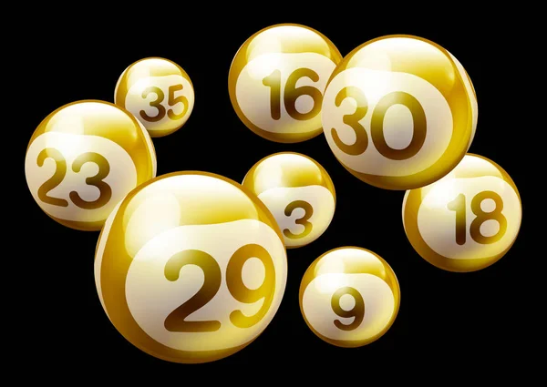 Gouden Bingo Loterij Nummer Ballen Geïsoleerd Zwarte Achtergrond — Stockvector