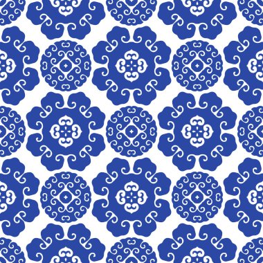 Vektör oryantal çiçek Dikişsiz desen arka plan rengi mavi ve beyaz ile