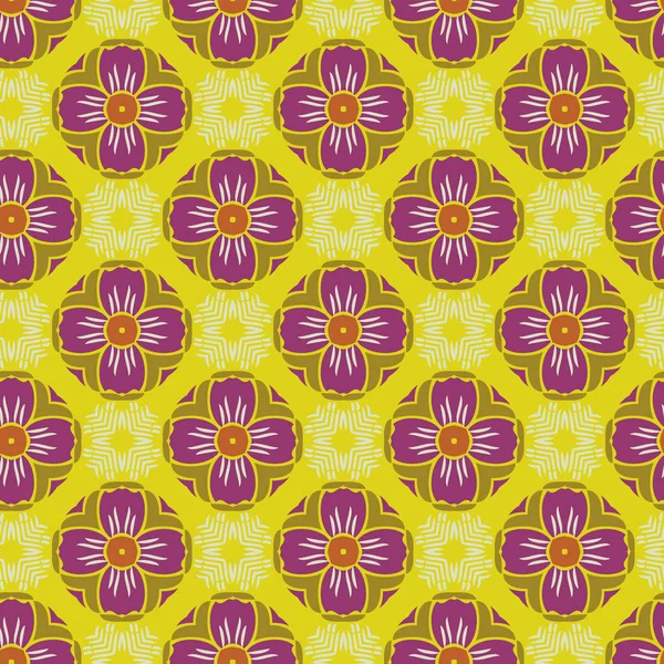 Vetor Ornamento Sem Costura Padrão Papel Parede Roxo Amarelo Tema — Vetor de Stock