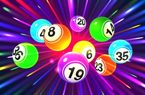 Vector kleurrijke Bingo ballen op een exploderende donker paarse achtergrond Rechtenvrije Stockillustraties