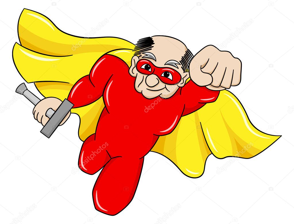 vector illustration of a flying senior super hero with cape