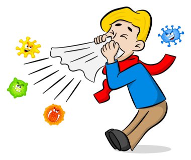 vector illustration of a sneezing man with germs clipart