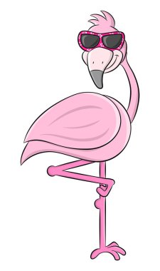 Bununla birlikte güneş gözlüklü bir karikatür flamingo vektör çizim