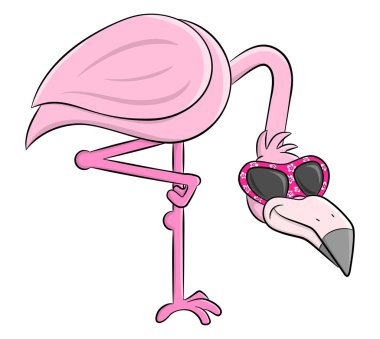 Bununla birlikte güneş gözlüklü bir karikatür flamingo vektör çizim