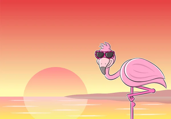 Bununla Birlikte Güneş Gözlüklü Bir Karikatür Flamingo Vektör Çizim — Stok Vektör