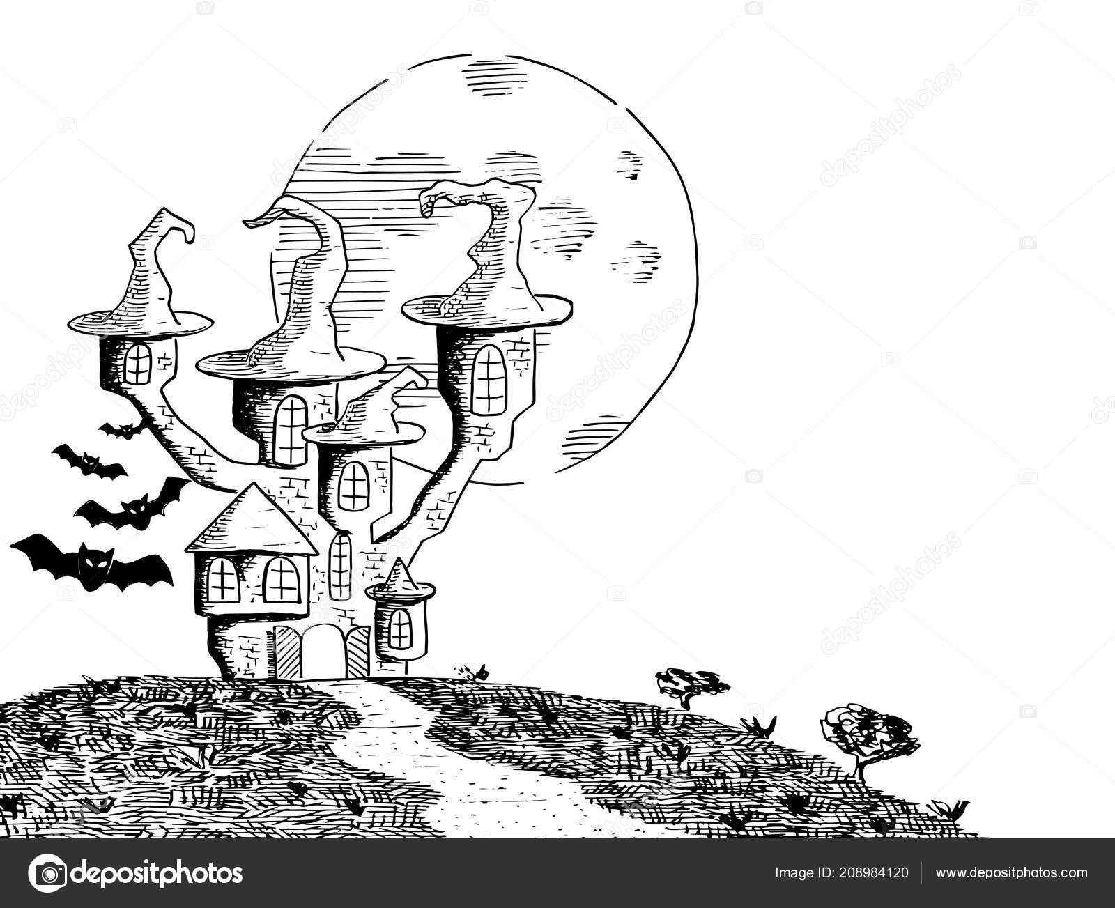 Vector Illustration Haunted Castle Full Moon Night Stock Vector