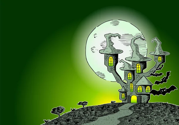 Vector Illustration Haunted Castle Full Moon Night — Stock Vector