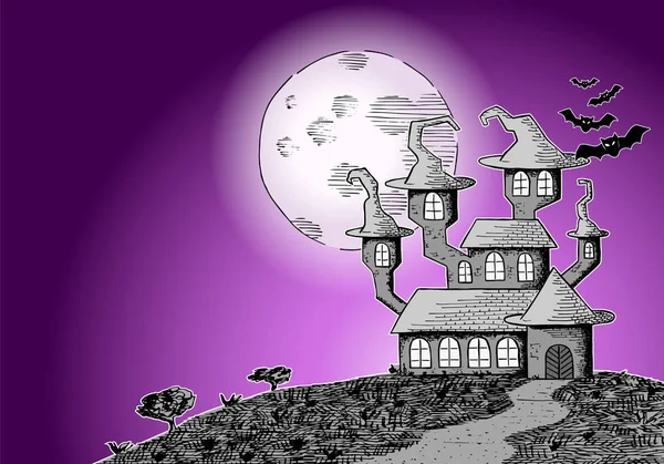 Vector Illustration Haunted Castle Full Moon Night — Stock Vector