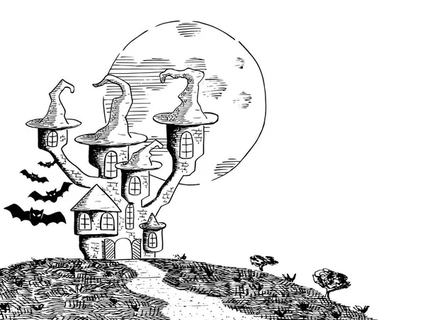 Ilustração Vetorial Castelo Assombrado Uma Noite Lua Cheia — Vetor de Stock