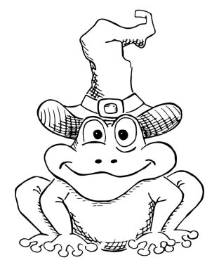 vektör çizim karikatür kurbağaya beyaz izole cadı şapka ile