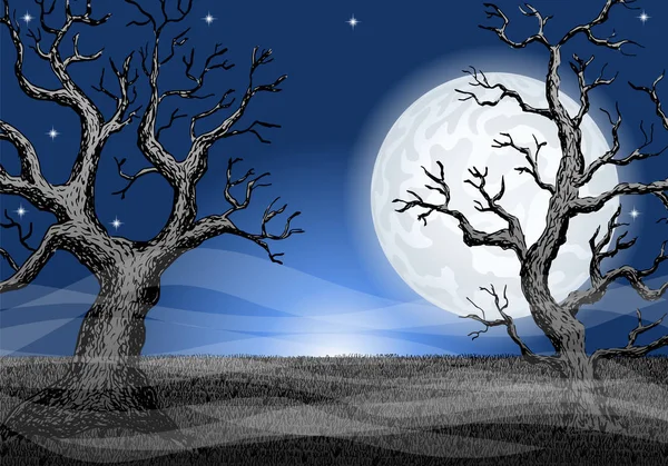 Ilustración Vectorial Bosque Fantasmal Oscuro Luna Llena — Vector de stock