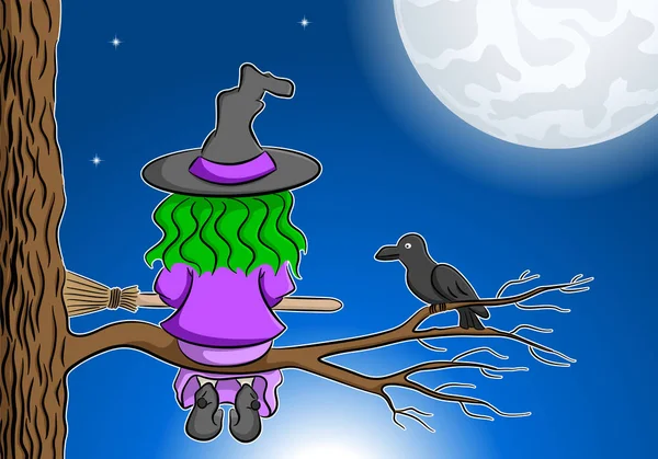 Vector Illustration Witch Sitting Branch Enjoying Full Moon — Stock Vector