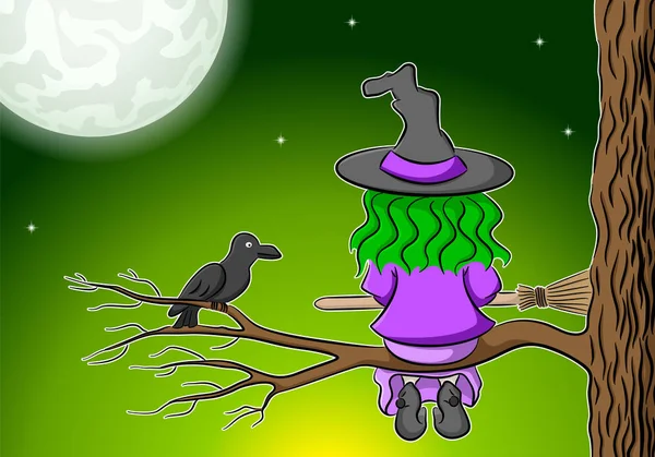 Vector Illustration Witch Sitting Branch Enjoying Full Moon — Stock Vector