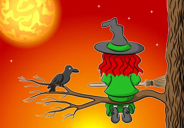 Vector Illustration Witch Sitting Branch Enjoying Full Moon — Stock Vector