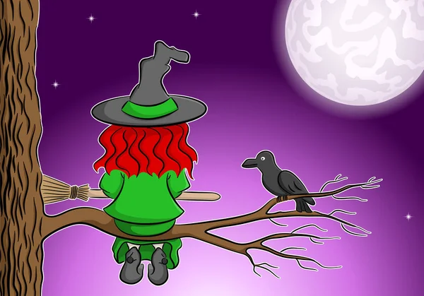 Vector Illustration Witch Sitting Branch Enjoying Full Moon — Stock Vector