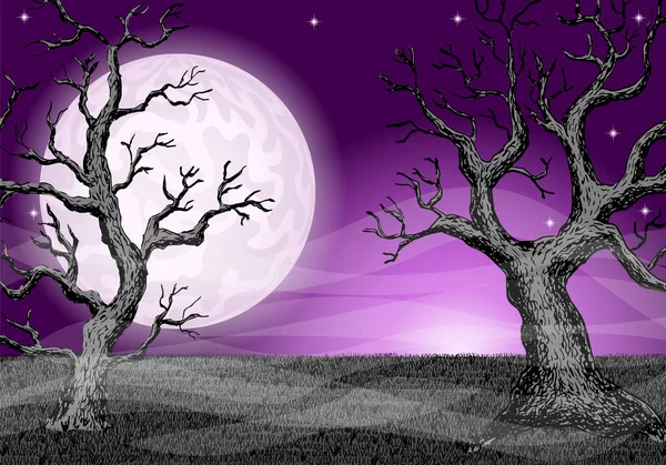 Vector Illustration Dark Ghostly Forest Full Moon — Stock Vector