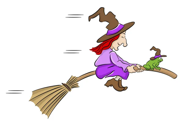 Vector Illustration Witch Her Toad Flying Broom — Stock Vector