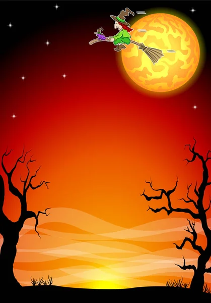 Ilustração Vetorial Fundo Halloween Com Uma Bruxa Voadora Lua Cheia — Vetor de Stock