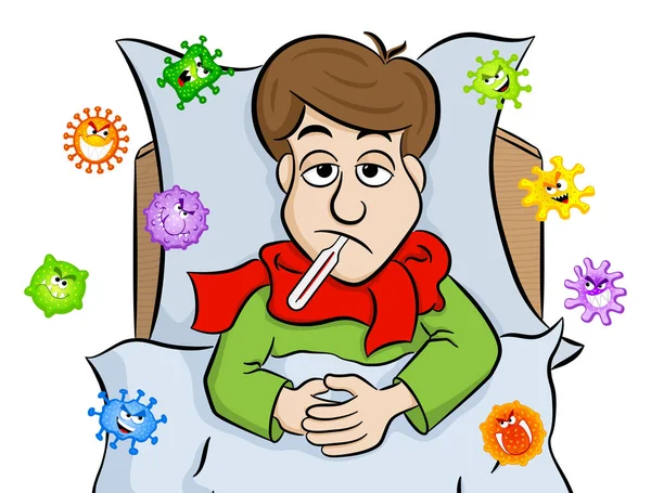 Vector Illustration Cartoon Man Lying Bed Fever Surrounded Viruses — Stock Vector