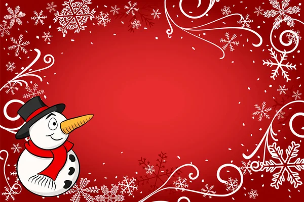 Vectorillustratie Van Een Rode Achtergrond Van Kerstmis Met Een Sneeuwpop — Stockvector