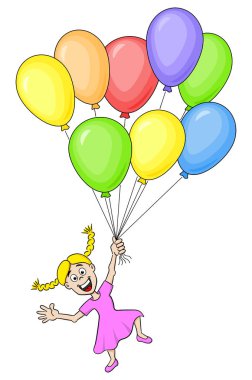 Birçok renkli balon çizgi film kızla vektör çizim