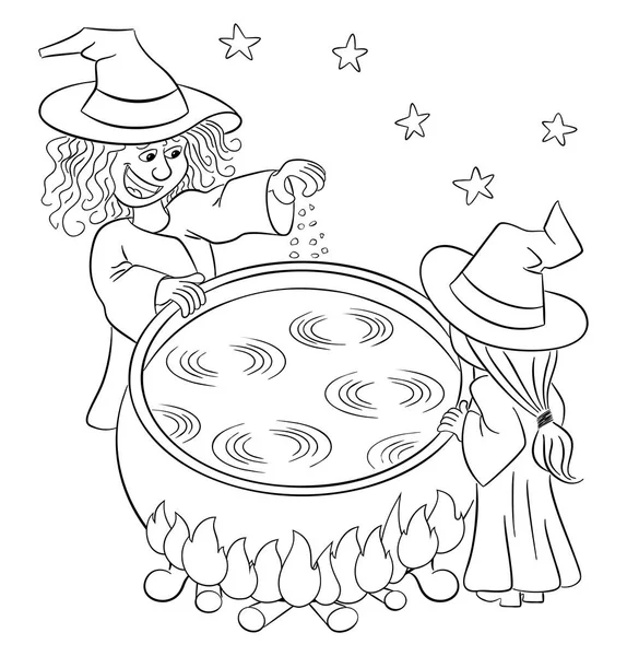 Vector Illustration Two Witches Cooking Magic Potion Cauldron — Stock Vector