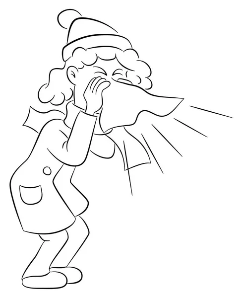 一个打喷嚏的妇女的向量例证用手帕 — 图库矢量图片