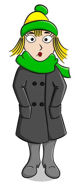 Vector Illustration Woman Thick Coat Scarf Cap Freezes — Stock Vector