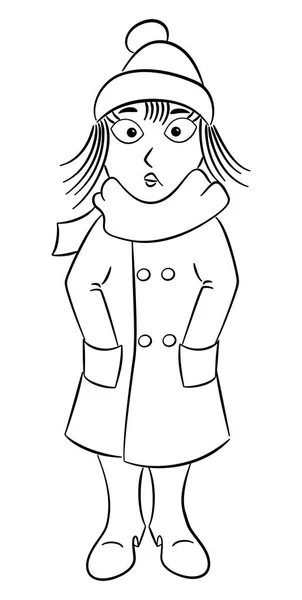 Векторная Иллюстрация Женщины Толстым Пальто Шарфом Замерзающей Шапкой — стоковый вектор