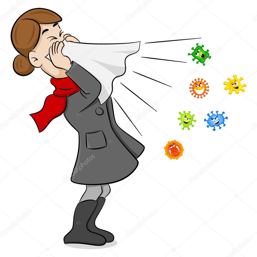vector illustration of a sneezing woman with germs