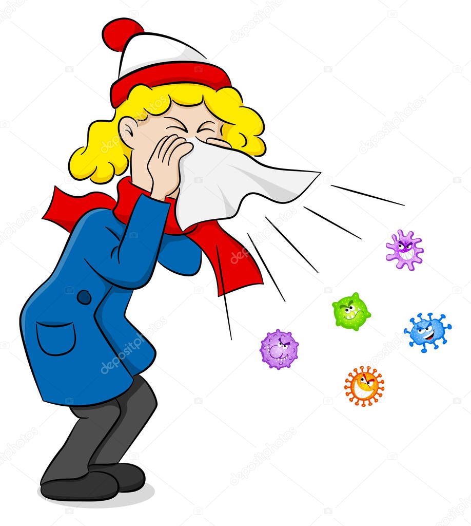 vector illustration of a sneezing woman with germs