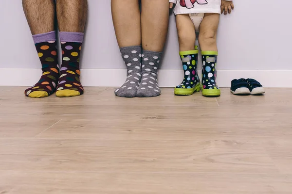 足の家族の肖像画に発見された靴と靴下 — ストック写真