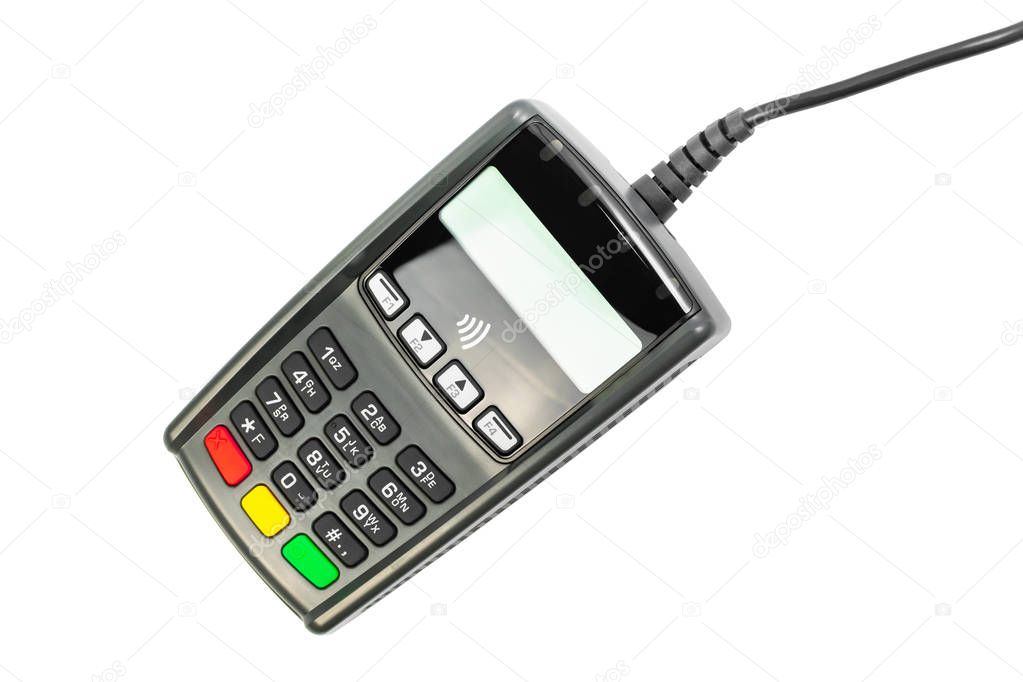 Credit card POS terminal gray with wire isolated on white background. A device for conducting financial transactions with customers. Close up of a cut off contactless payment device, card machine.