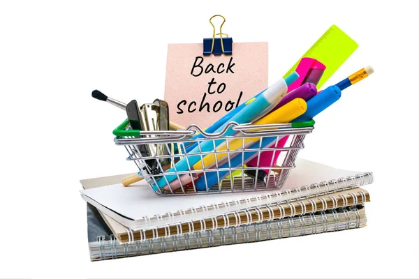 Shopping Cart Office Supplies Exercise Books Words Back School Paper — Stock Photo, Image