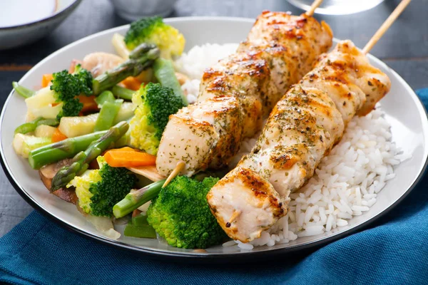 Grilled Chicken Breast Skewers Steamed Vegetables Long Rice Healthy Eating Stock Image